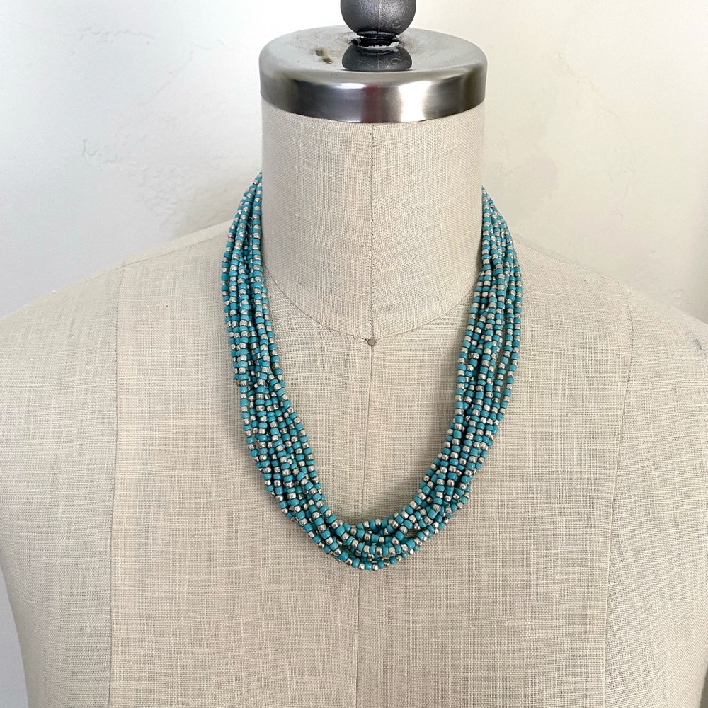 Beaded Southwestern Statement Necklace Silver Toned Clasp Multi-Strand Chunky